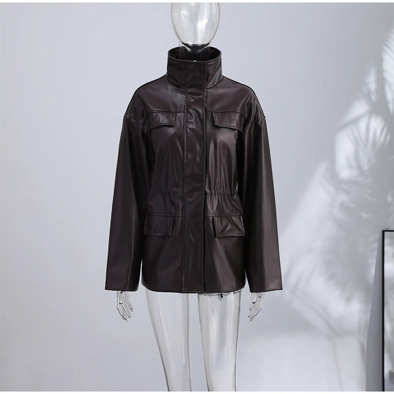 Vintage Cinched Waist Zipper Faux Leather Jacket for Women