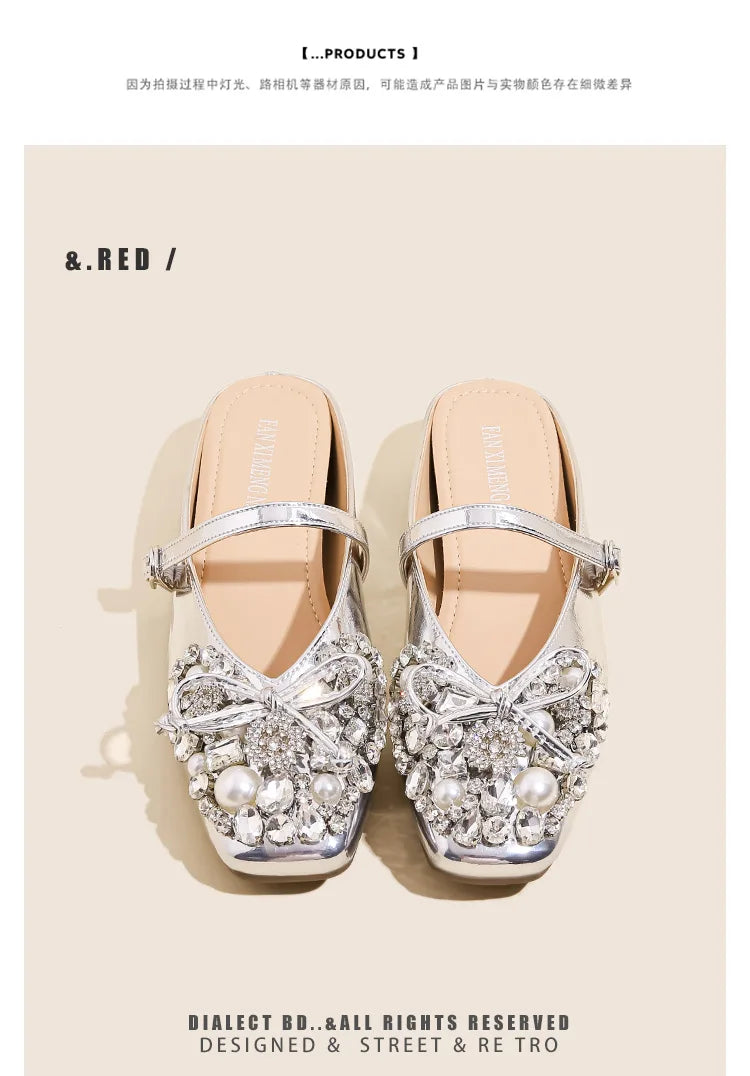 Pearl Bow Embellished Square Toe Flat Shoes For Women