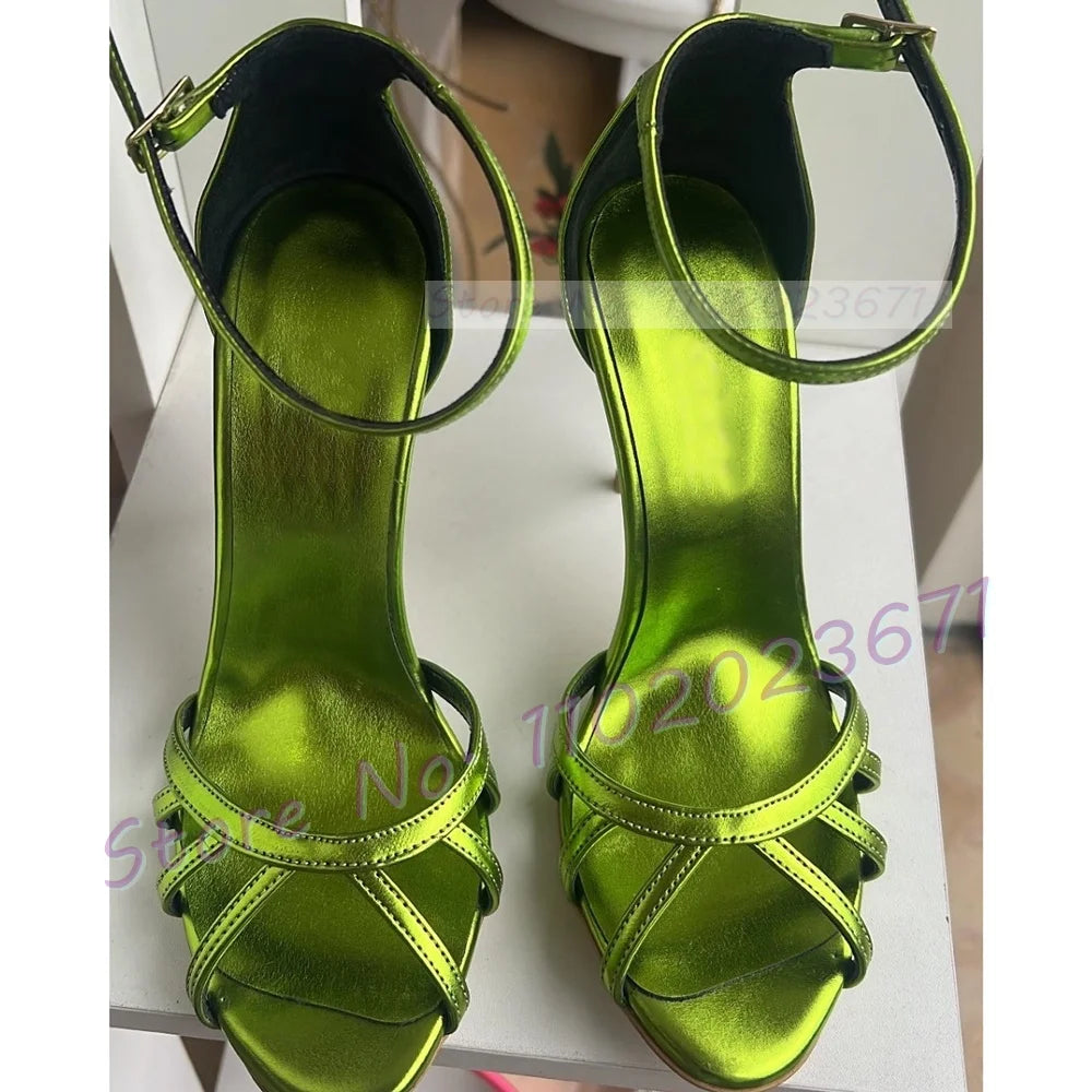 Metallic Green Open Toe Cross Strap Sandals for Women