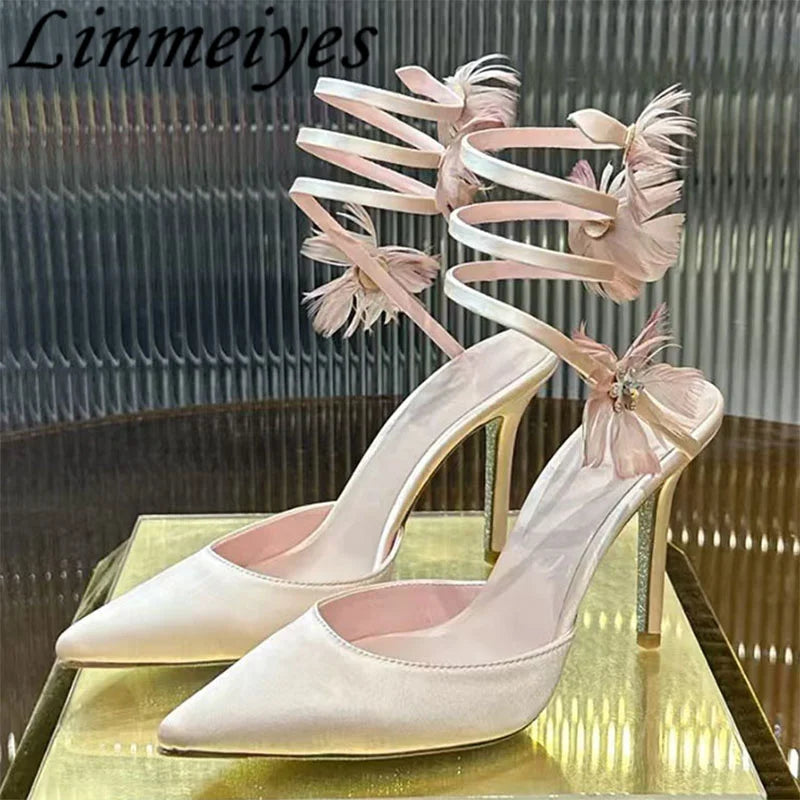 Rhinestone Feather Flower Embellished Ankle Strap High Heel Sandals for Women