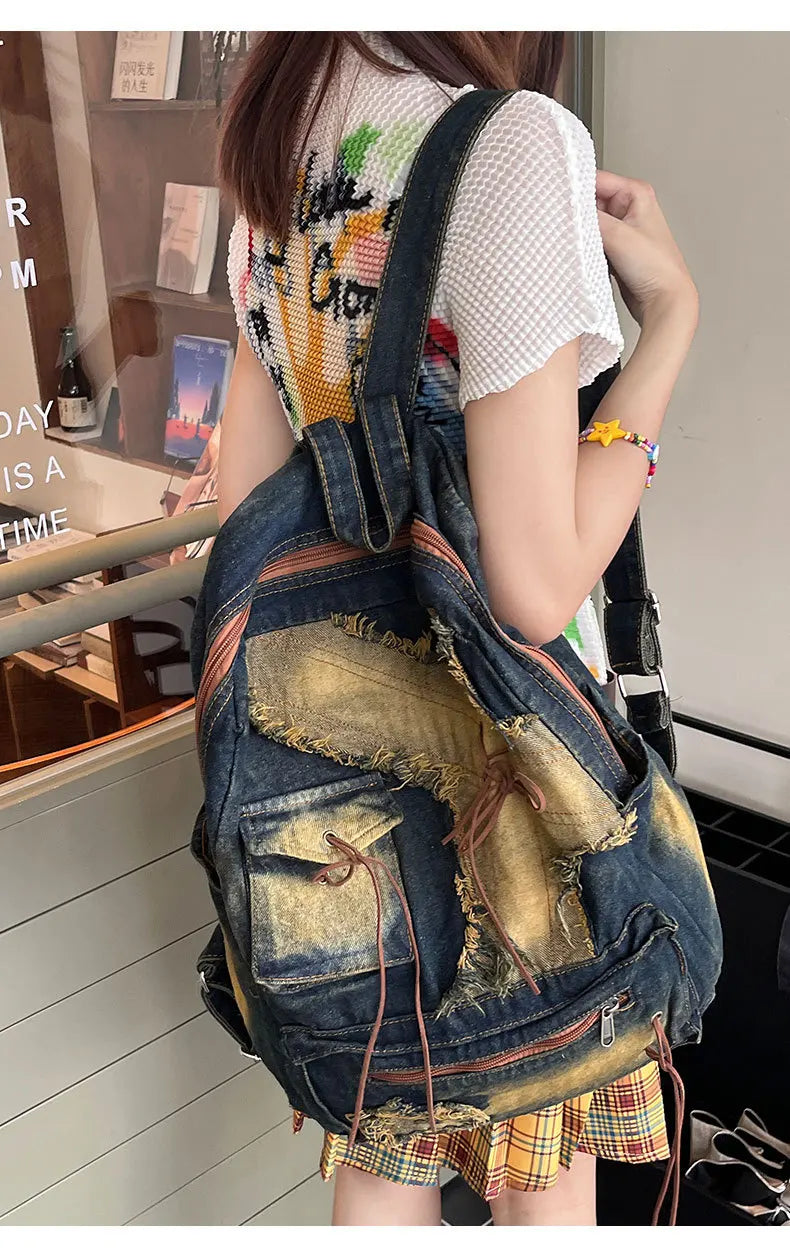 Washed Denim Backpack With Large Capacity for Women