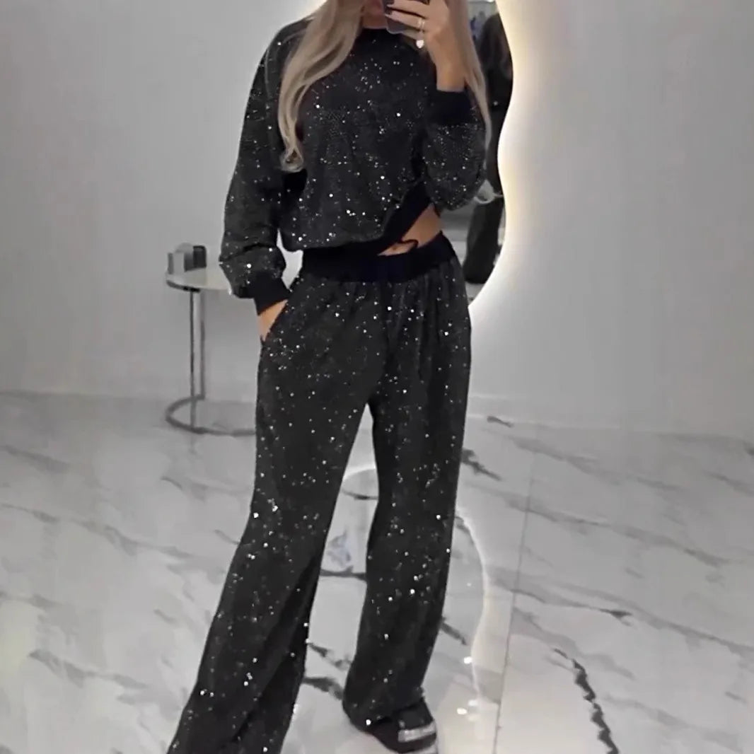 Elegant Sequin Lace Up Two Piece Pants Set for Women