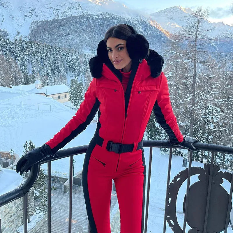 High Waist Full Zip Hooded Windproof Ski Jumpsuit For Women