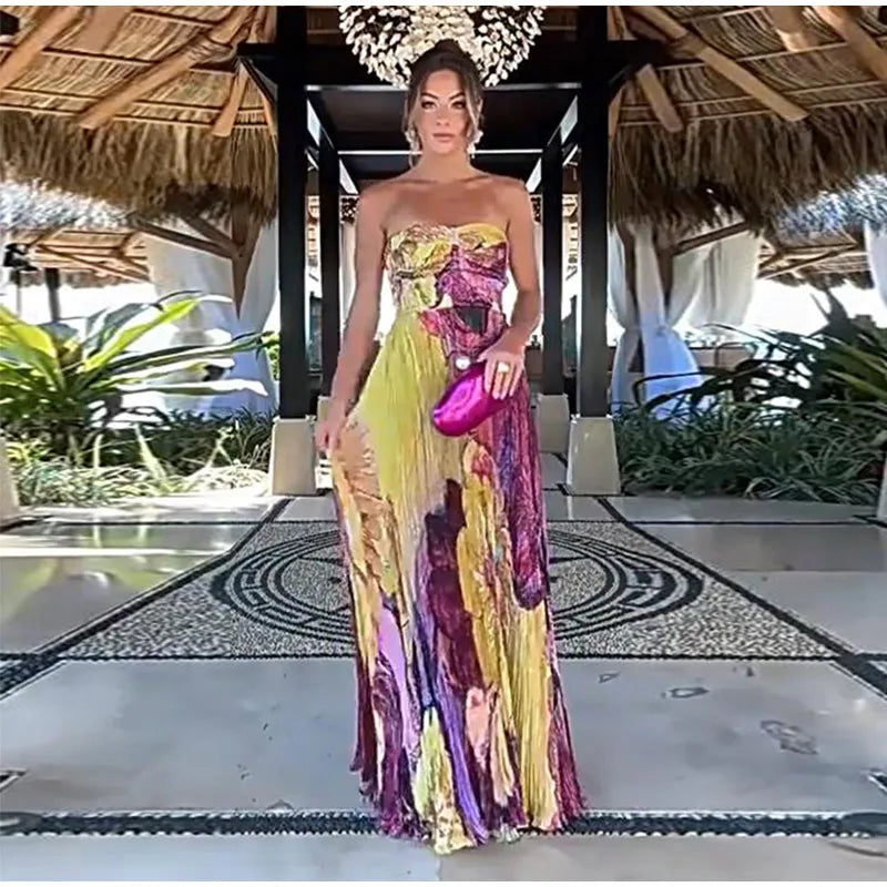 Elegant Floral Print Pleated Floor Length Dress For Women