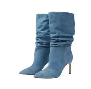 Slip On Pleated Suede Pointed Toe Thin Heel Mid Calf Boots for Women