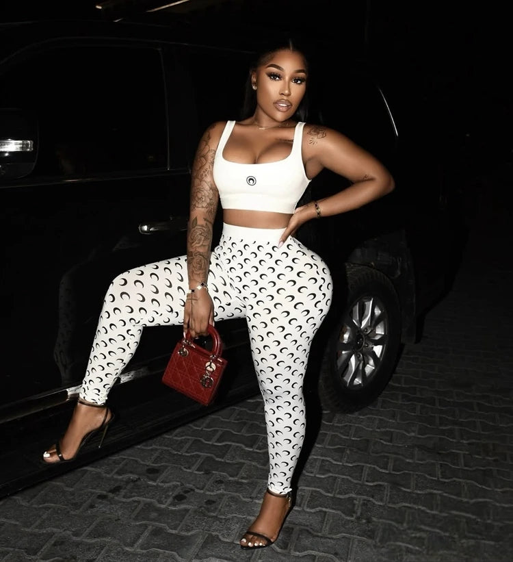 STYLISH LADY Moon Printed Sports 2 Piece Set Women Sleeveless Crop Top and Skinny Pant Suits 2025 Summer Street Fitness Outfits
