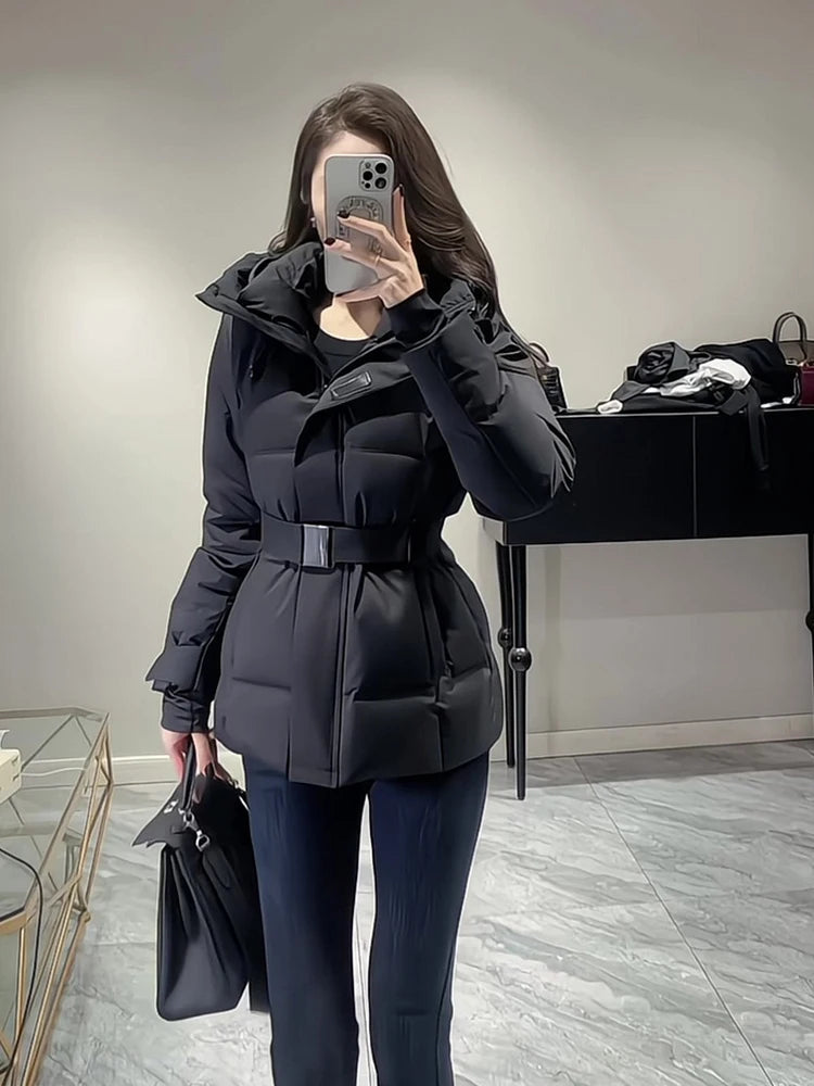 Warm Belted Hooded Winter Puffer Down Jacket for Women