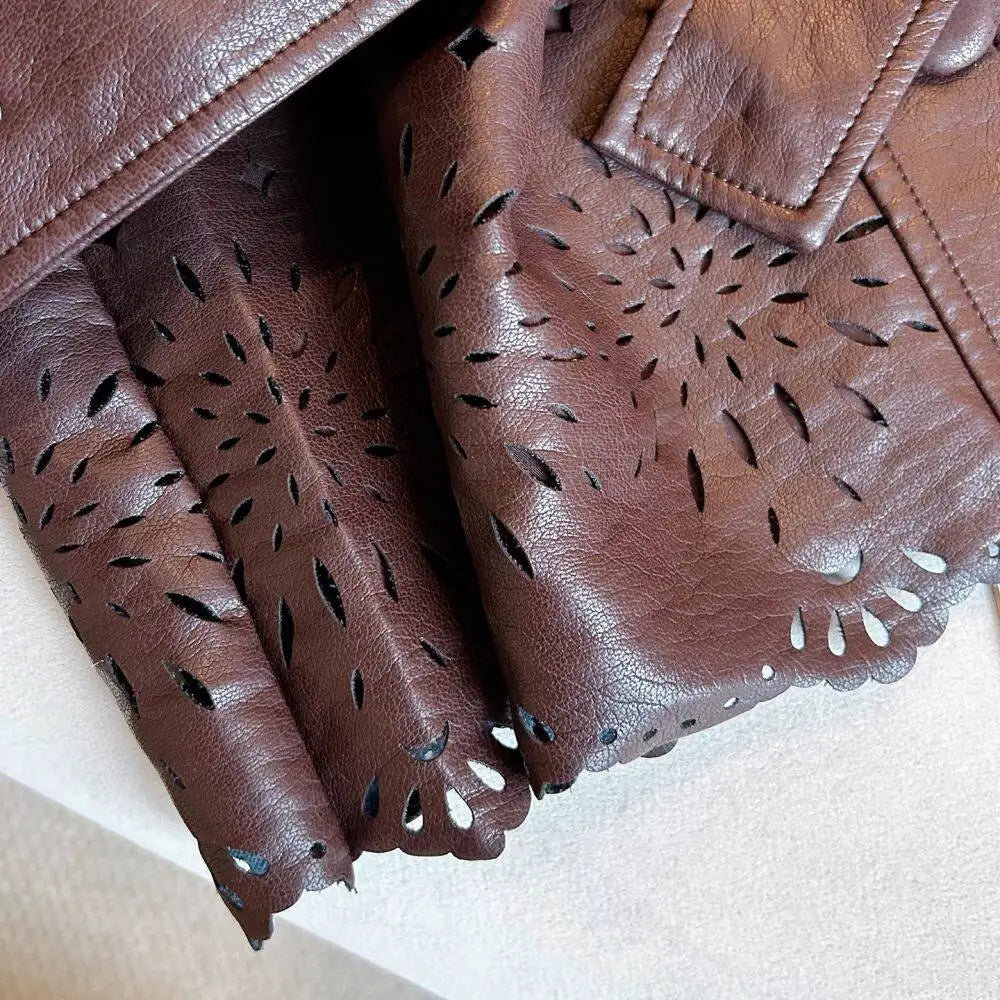 Retro Lapel Belted Leather Sleeveless Vest for Women