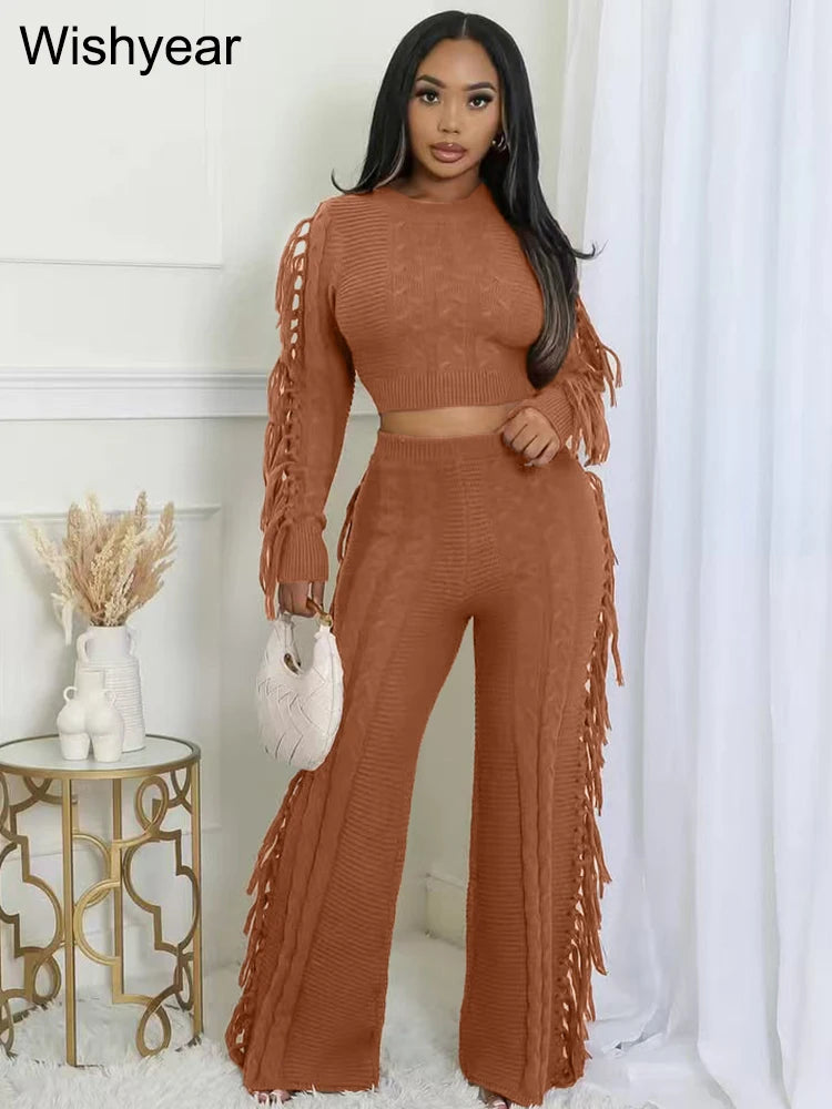 Casual Winter Warm Knitted Sweater Tassel 2 Piece Set  Women Long Sleeve Crop Top and Pants Streetwear outdoors vacation Outfits
