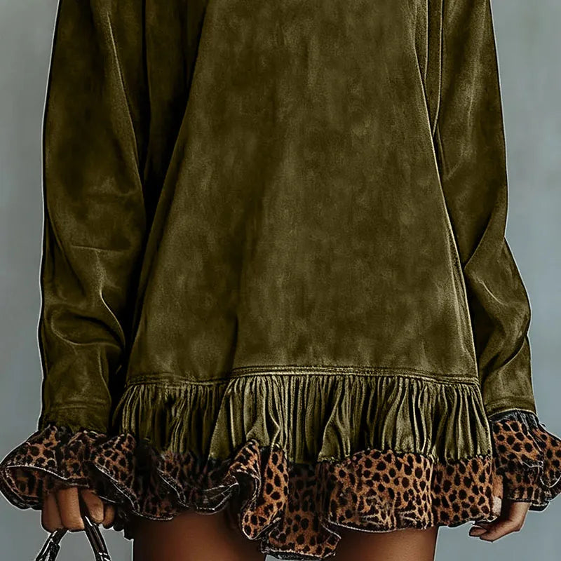 Vintage Fashion Patchwork Leopard Ruffle Dress Woman Casual Turtleneck Slim Mini Dress Autumn Long Sleeve Female Pullovers Dress