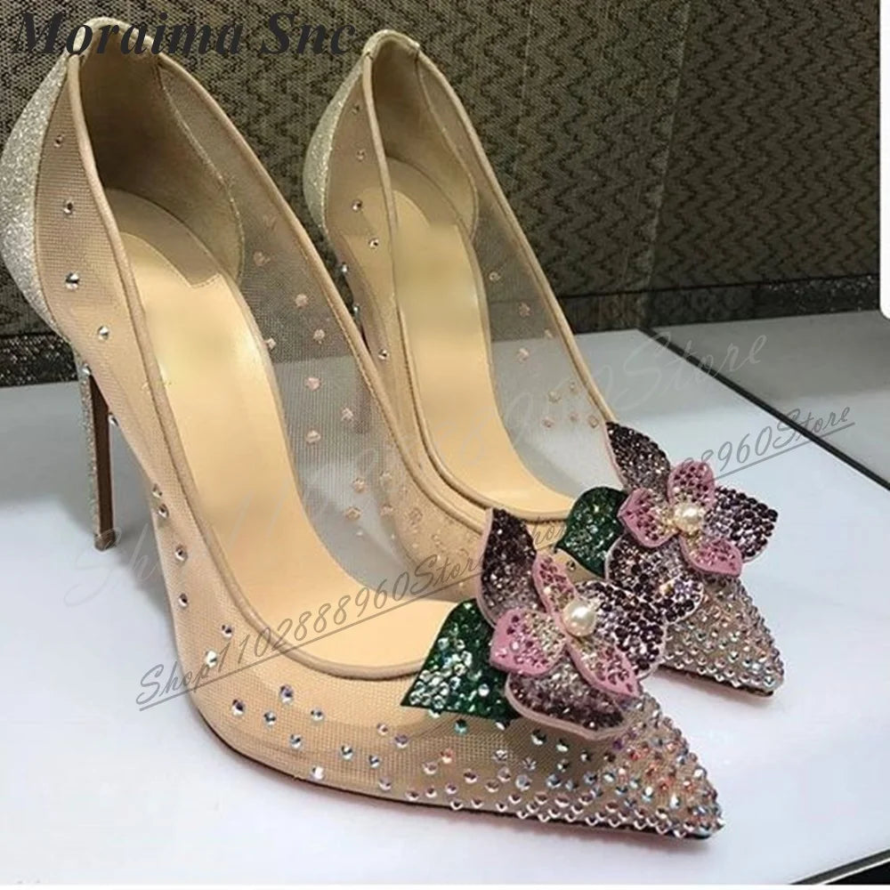 Elegant Mesh Crystal Floral Pointed Toe Pumps For Women