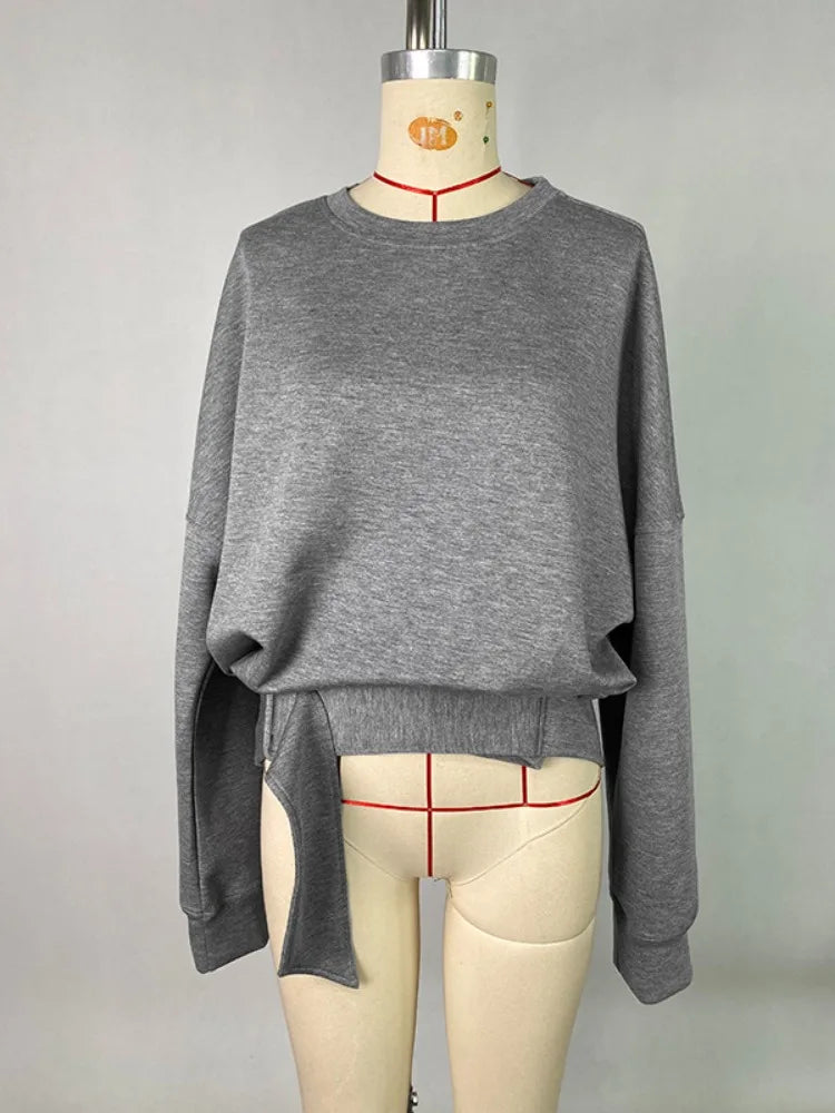 Beautyblue Fall Women's Sweatshirts Tops Female Hoodies 2025 Casual Belt Buckle Solid Color O-Neck Ladies Pullovers Clothing