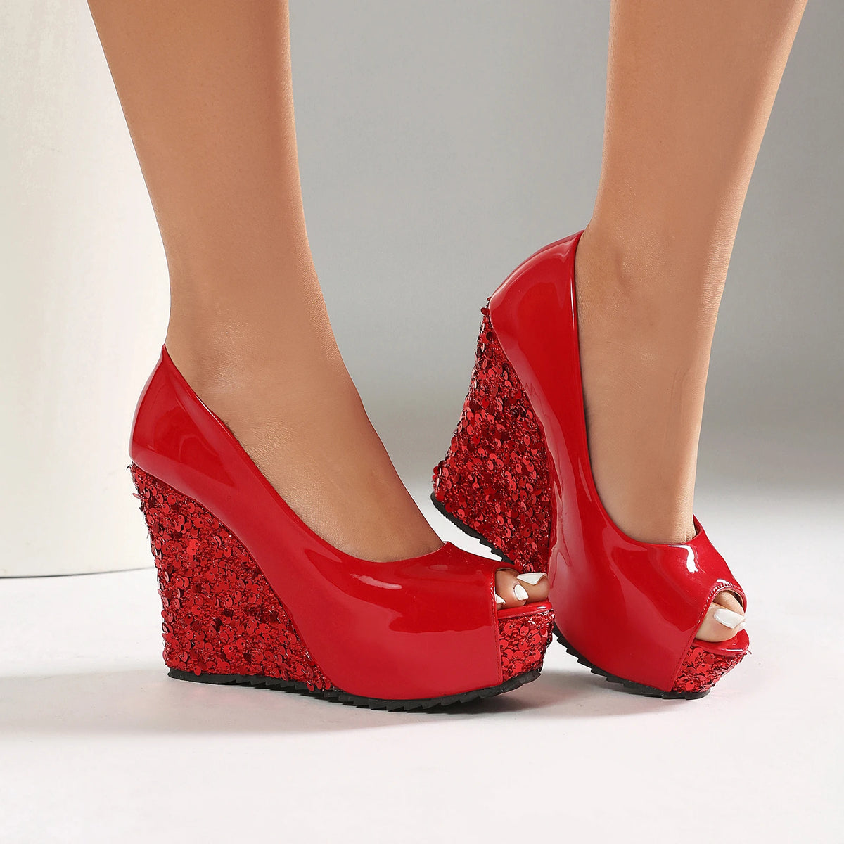 Sparkly Sequin Peep Toe Platform Wedge Sandals for Women