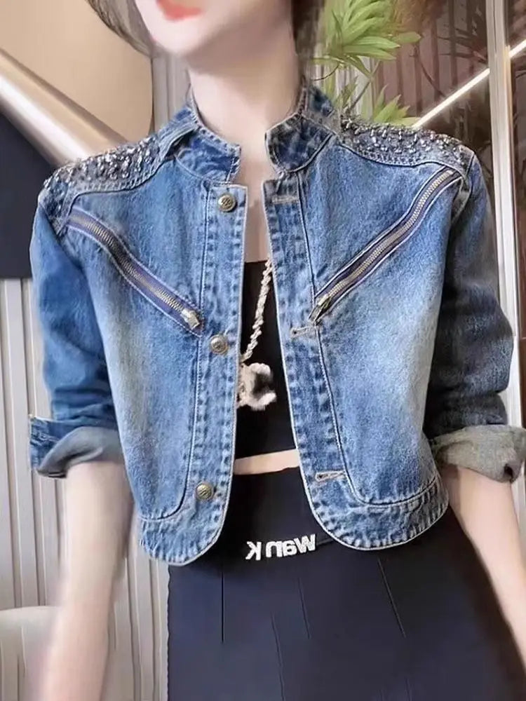 Denim Short Jacket for Women Coat 2025 New Spring and Autumn Season Diamond Studded Women's Clothing
