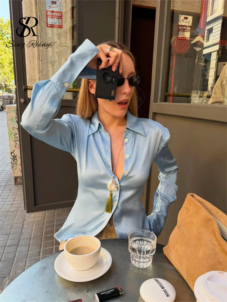 Slim Fit Satin Long Sleeve Button-Up Blouse for Women