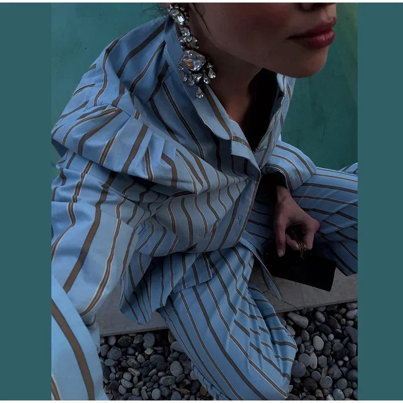 Blue Striped Puff Shoulder Shirt And Pants Set For Women