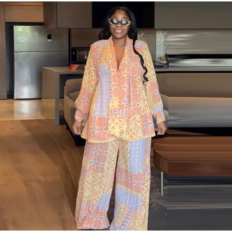 Casual Print Long Sleeve V-Neck Top Wide-Leg Trousers Two-Piece Set for Women
