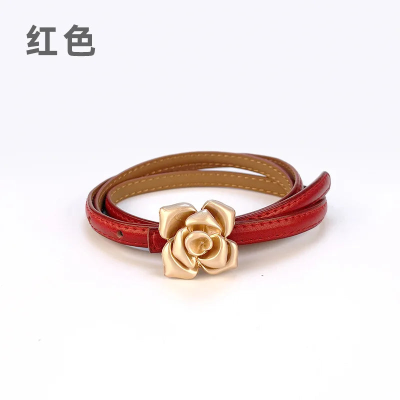Double Sided Metal Flower Buckle Thin Belt for Women