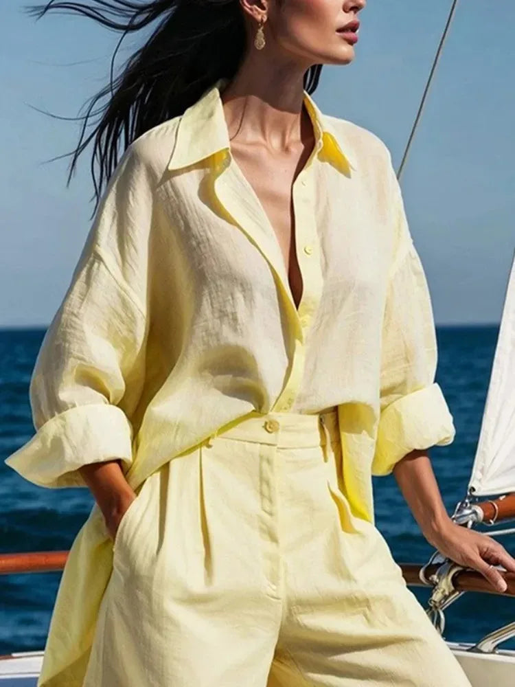 Beautyblue Fashion Women's Shirt Lapel Blouses Elegant Simple Button Cotton Linen Casual Basic Vintage Yellow Tops for Female