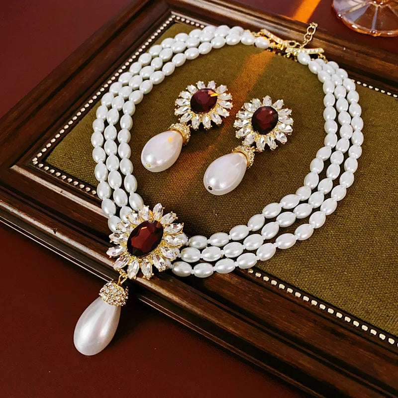 Simulated Pearl Necklace And Earring Set
