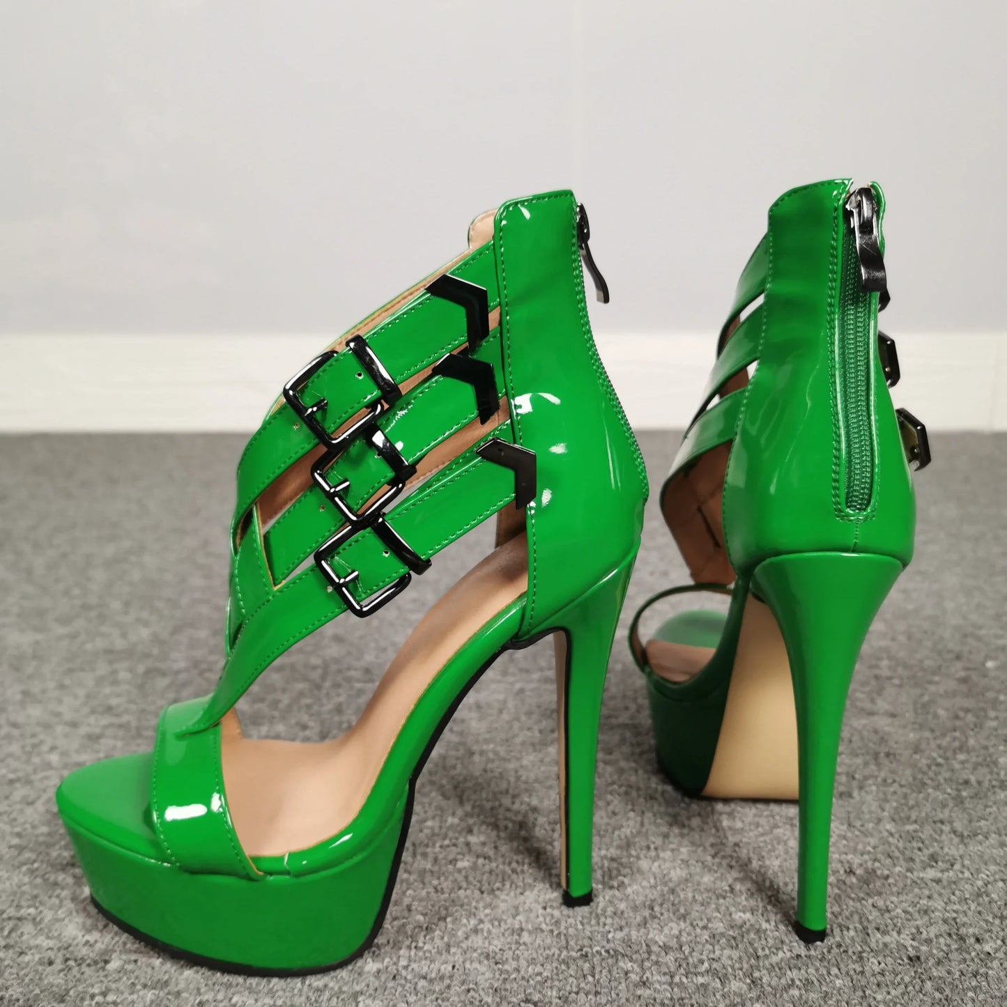 Green Patent Leather High Heel Strappy Sandals With Buckle for Women