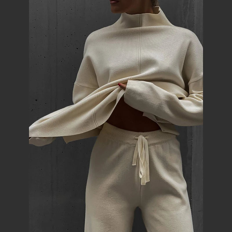 Solid Turtleneck Sweatshirt Set With Wide Leg Pants for Women