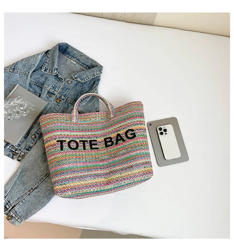 Large capacity beach woven bag, colorful striped tote bag, letter contrasting handbag for women