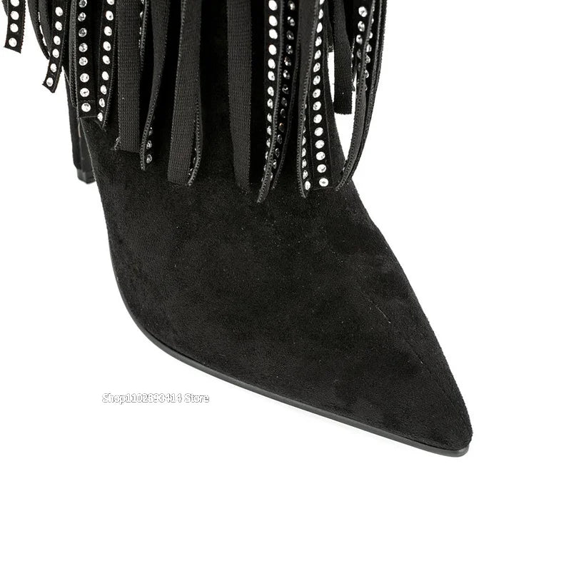 Black Pointed Toe Boots With Crystal Tassels For Women