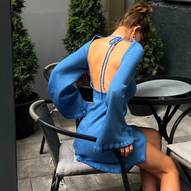 2025 Women Ins Style Sexy Backless Neck-hanging Long Sleeve Fishtail Dress Knit Beachwear Summer Swimsuit Bikini Cover-ups A2825