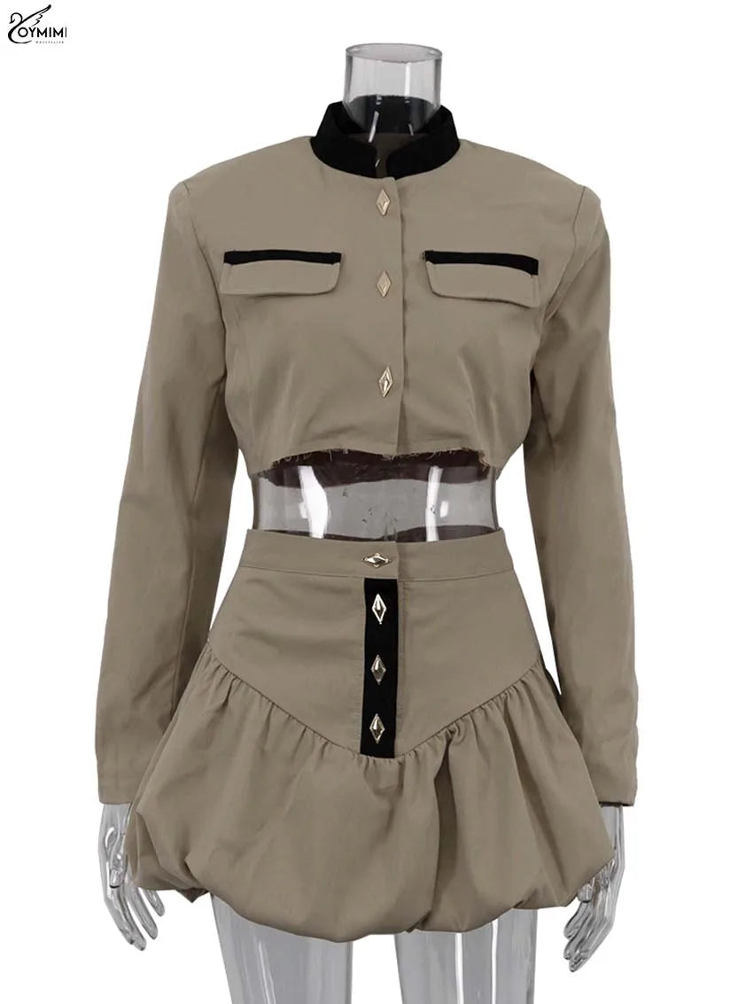 Oymimi Fashion Black Patchwork Two Piece Set For Women Casual Long Sleeve Button Pockets Crop Shirts + High Waist Mini Skirt Set