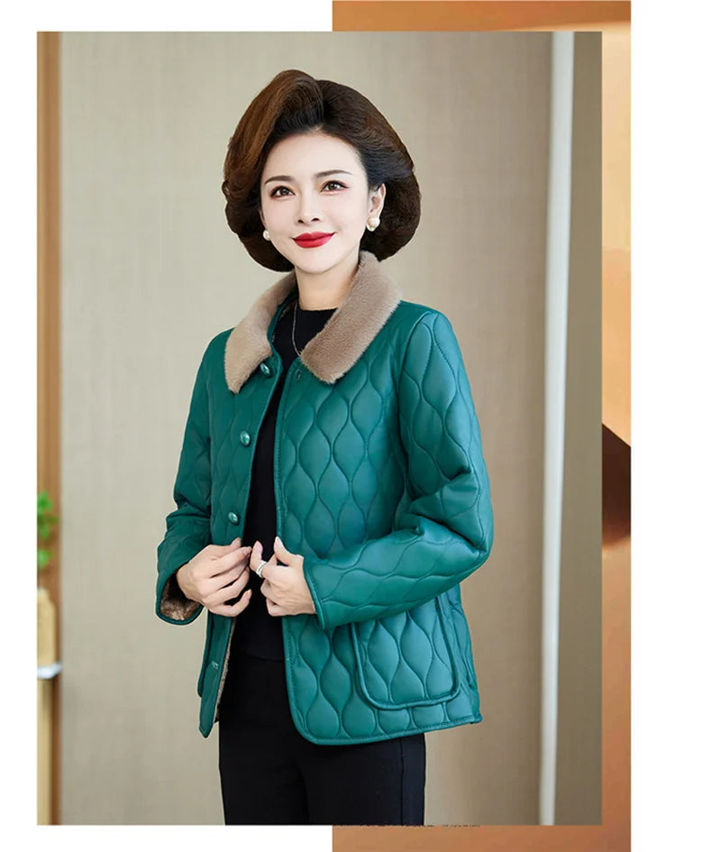 Winter Plush Jacket Winter Mom's Fashion Plus Size Loose Thick Fur Collar Coat For Mid-Aged Women With Velvet Warm Quilted Coat