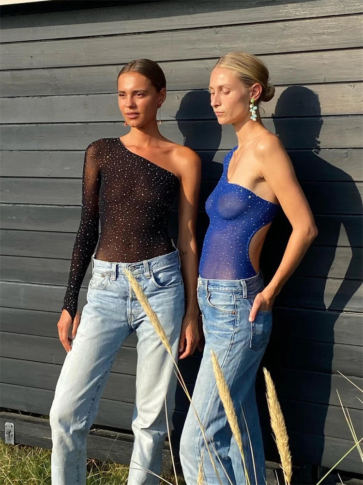 One-Shoulder See-Through Mesh Bodysuit