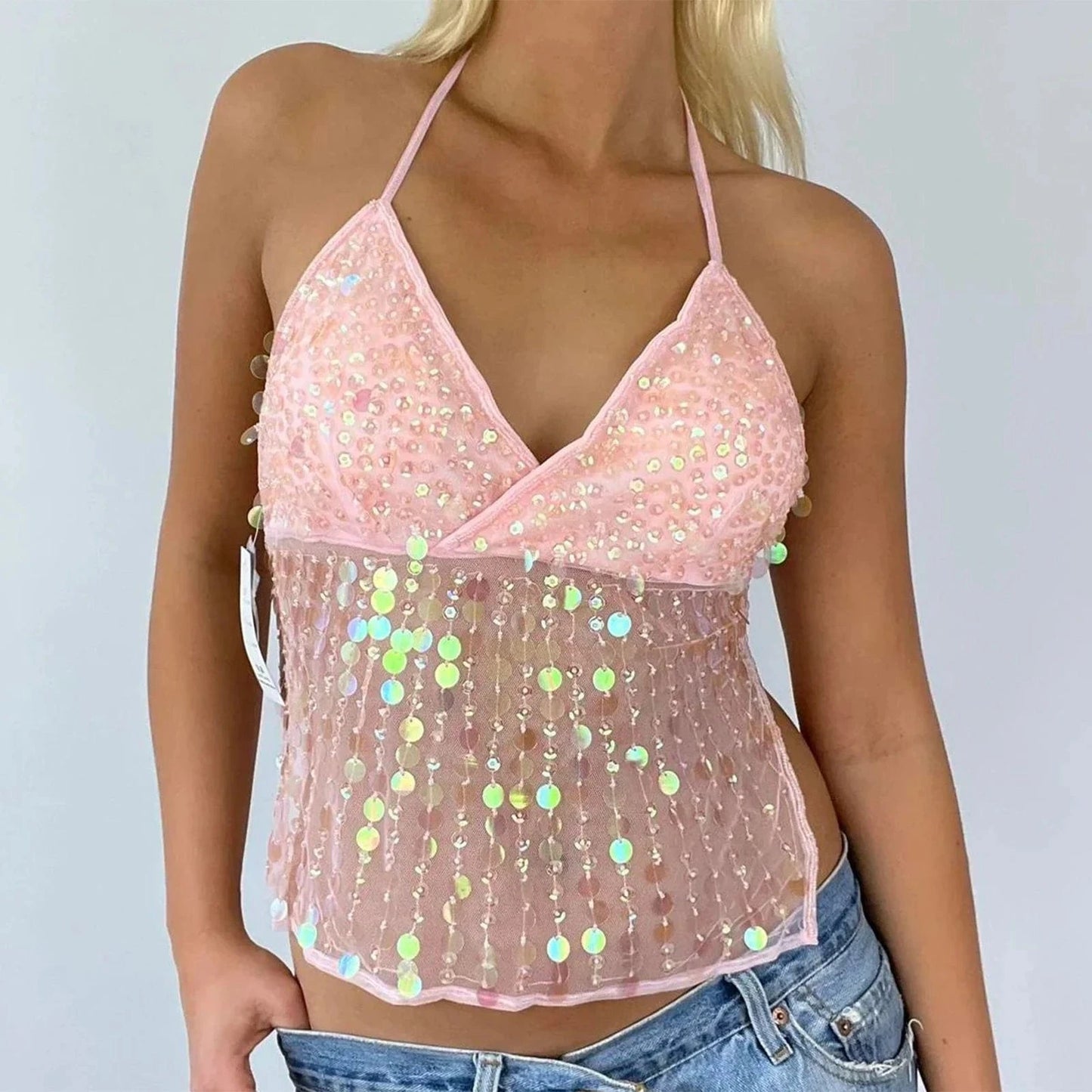 hirigin Women Sequin Halter Top Sexy Sleeveless Deep V Neck Glitter Tank Top Sparkle Backless Crop Top Summer Streetwear