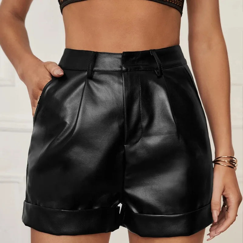 Faux Leather Mid Waist Pocketed Casual Shorts for Women