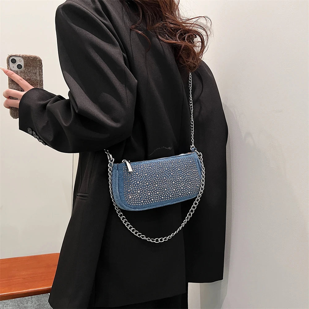 Rhinestone Appliqued Chain Shoulder Crossbody Bags for Women