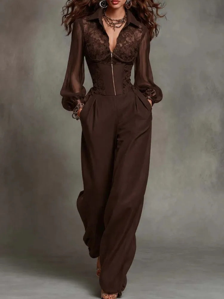Lace Long Sleeve V-Neck Loose Fit Jumpsuit for Women