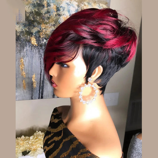 Dark Red Pixie Cut Wig 1B/99J Human Hair Short Bob Wig With Bang Brazilian None Lace Wigs For Women Full Machine Human Hair Wig