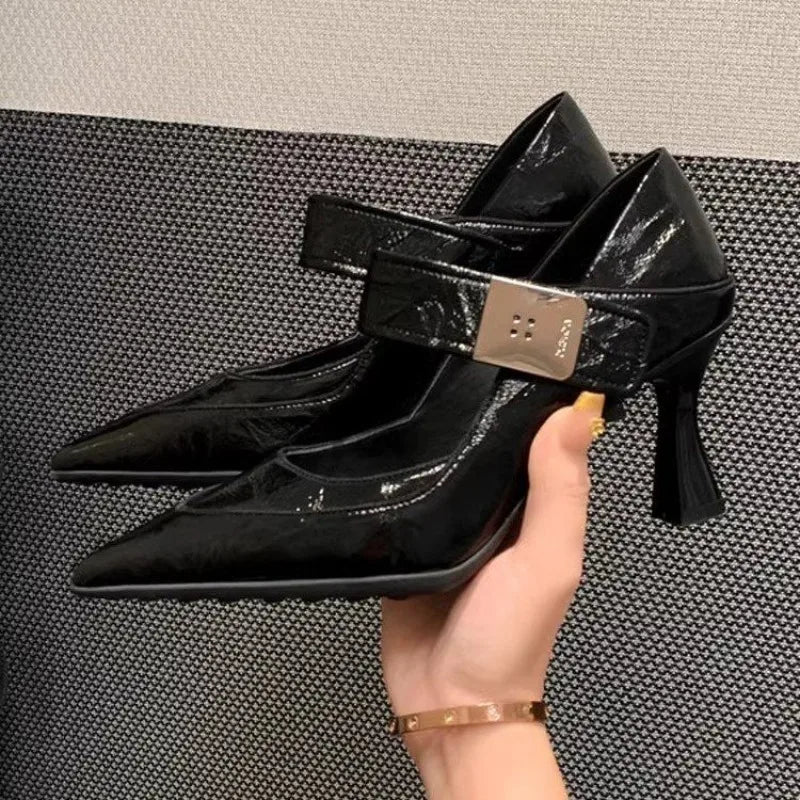 Soft Leather Pointed Toe Pumps With Metal Buckle for Women