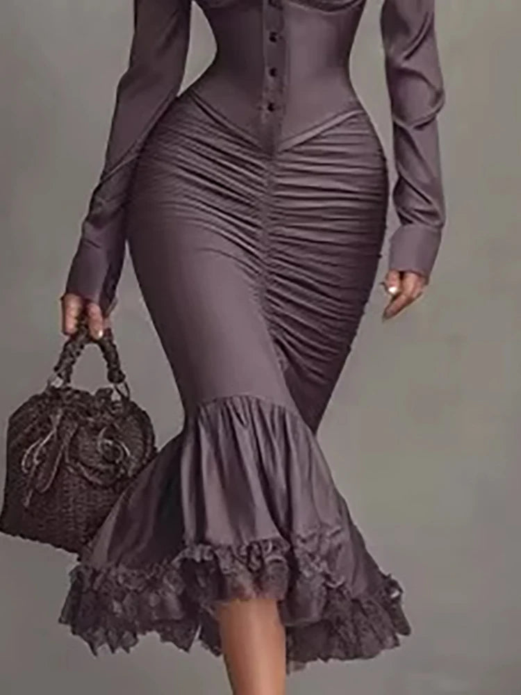 Solid Color Long Sleeve Mermaid Maxi Dress With Buttons And Ruffle Hem For Women