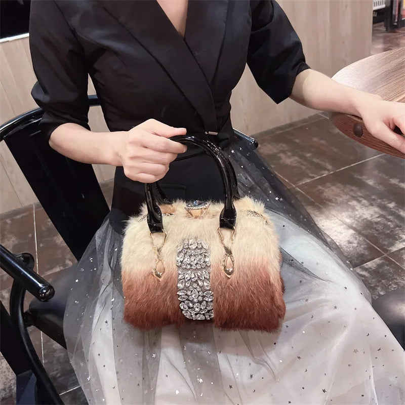 Original Designer Brand Rabbit Hair Bag New Fashion Leather Handcarry Shoulder Crossbody with Diamond Hair Bags for Women
