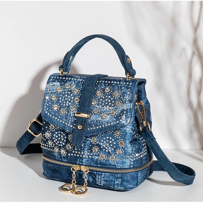 Diamond Embellished Denim Multiway Backpack for Women