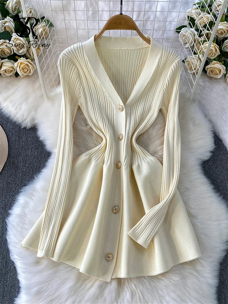 V Neck Knit A Line Long Sleeve Mini Dress for Women
