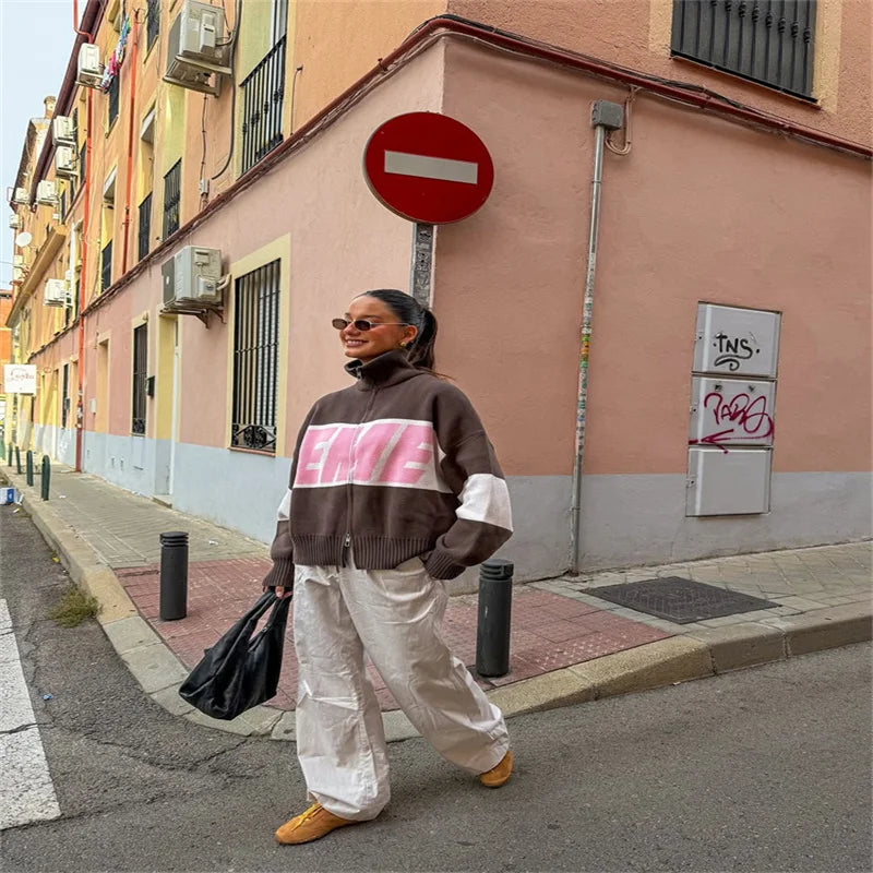 Letter Women 's Sweater Stand Collar Y2k Knit Sweaters For Woman Zipper Full Sleeve Tops Female 2025 Winter Men Jacket Knitwear