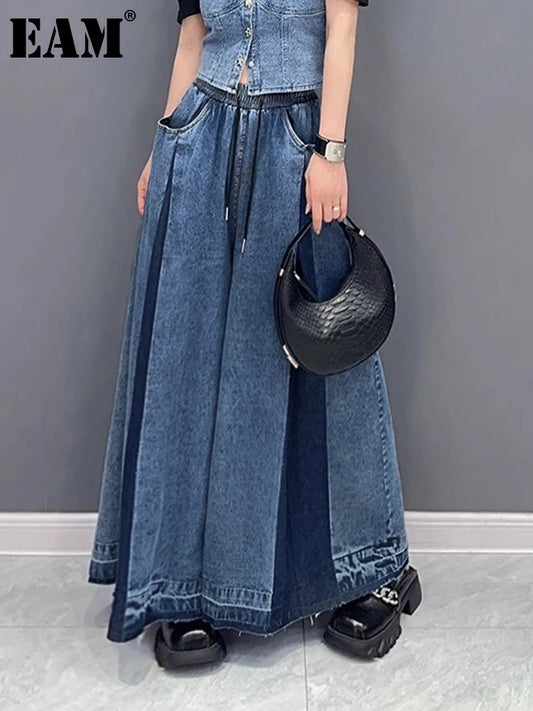 [EAM] High Waist Blue Denim Pleated Long Wide Leg Jeans New Loose Women Trousers Fashion Tide Spring Autumn 2025 1DH0520