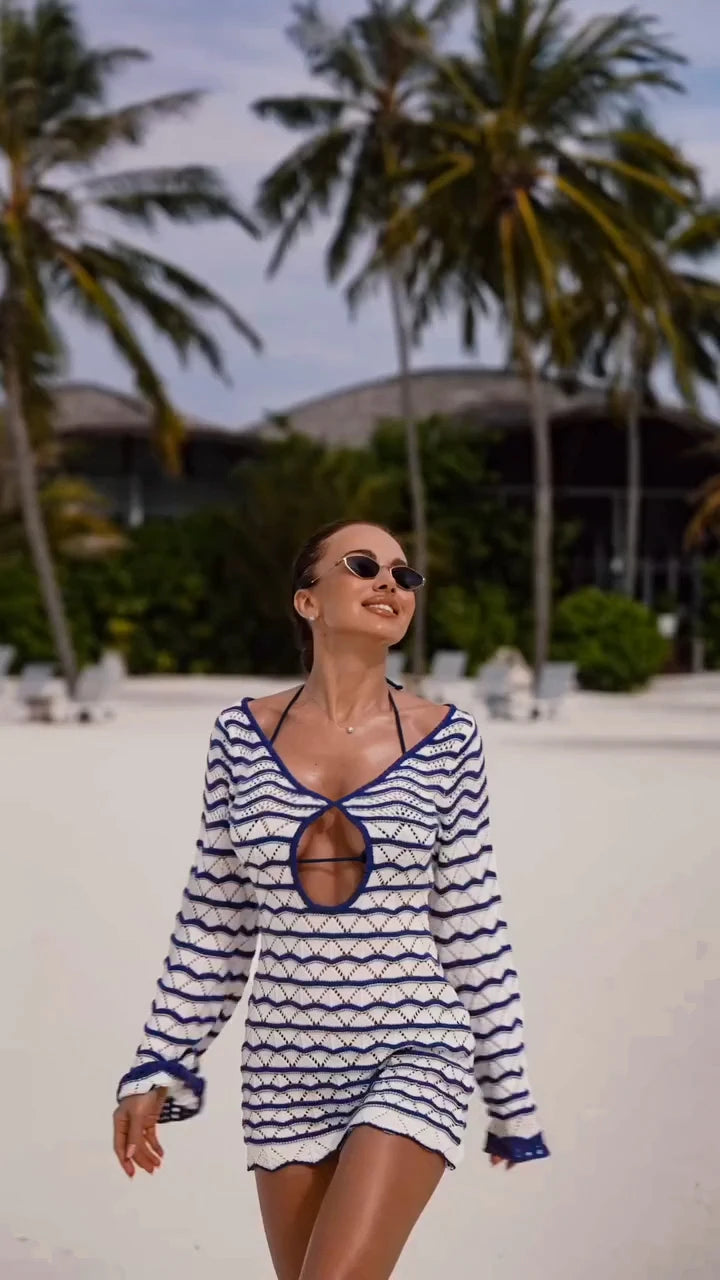 Sexy Boho Striped Chic V-neck Cut Out Bell Sleeve Knit Beach Mini Dress 2025 Summer Women Seaside Holiday Swimsuit Cover Up K123
