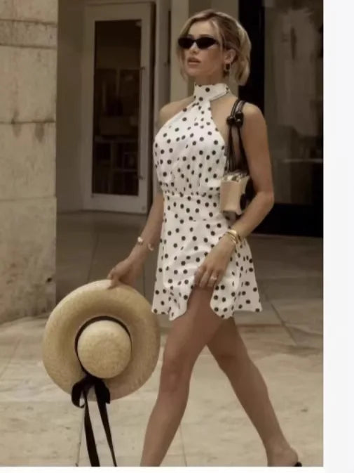 Elegant Halter Polka Dot Backless Mini Dress for Women