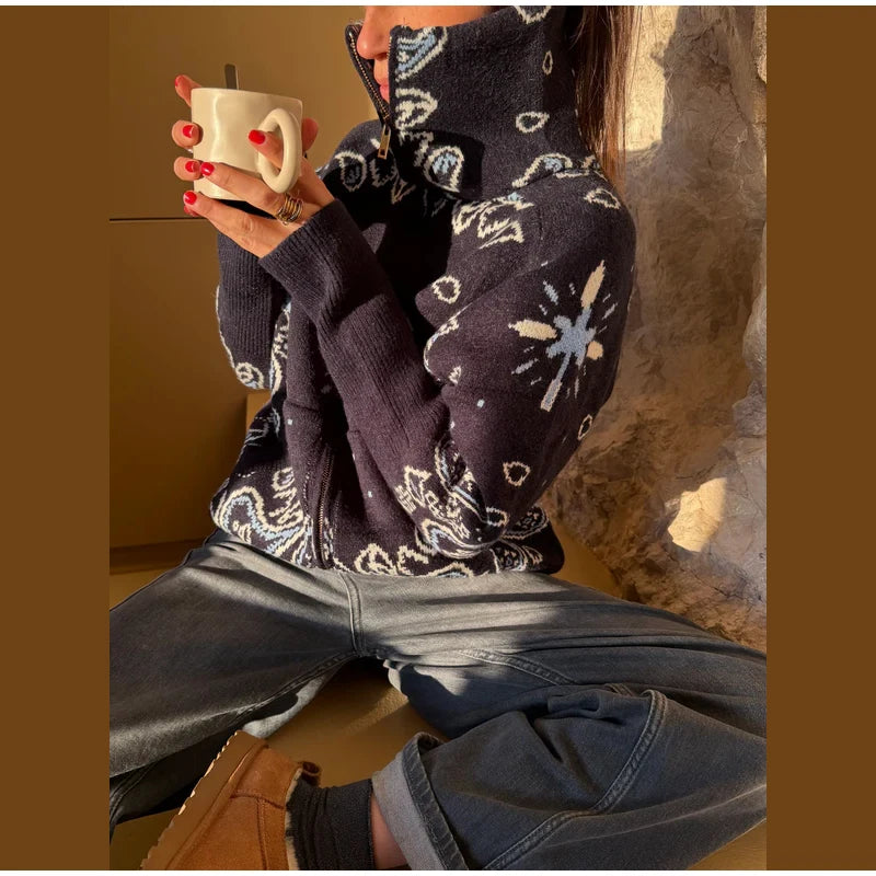 Gray Jacquard Knit Loose Cardigan Long Sleeve Casual for Women