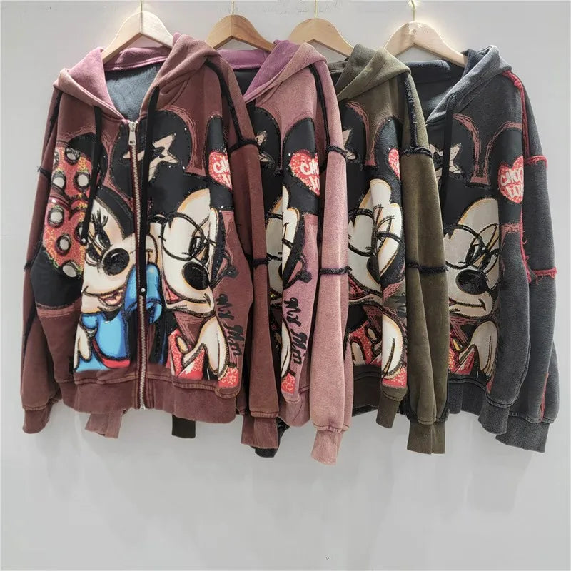 Autumn New Heavy Embroidery Cartoon Loose Coat Fashion Age-Reducing Hooded Jacket Zipper Long Sleeves Tie Top Outerwear Ladies