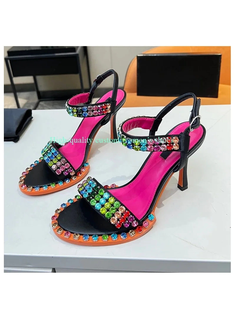 Elegant Rainbow Rhinestone Embellished Sandals for Women