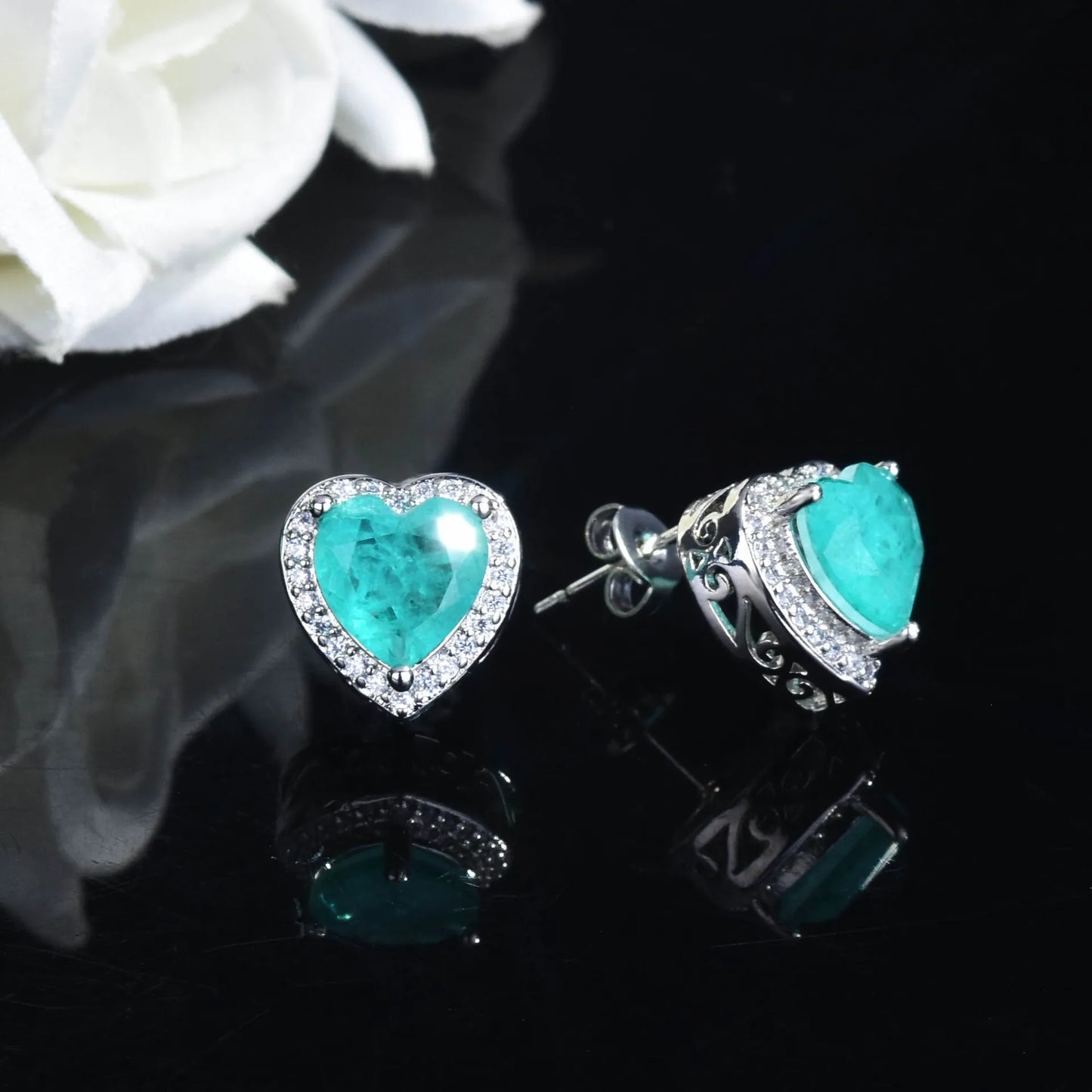 Silver Heart Shape Paraiba Tourmaline Gemstone Stud Earrings For Women Fashion Wedding Statement Jewelry Anniversary Gift